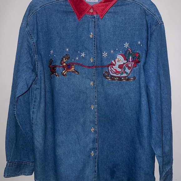 Nutcracker Y2K Corduroy Collar Denim Embroidered Button Down Christmas Santa - Picture 1 of 13